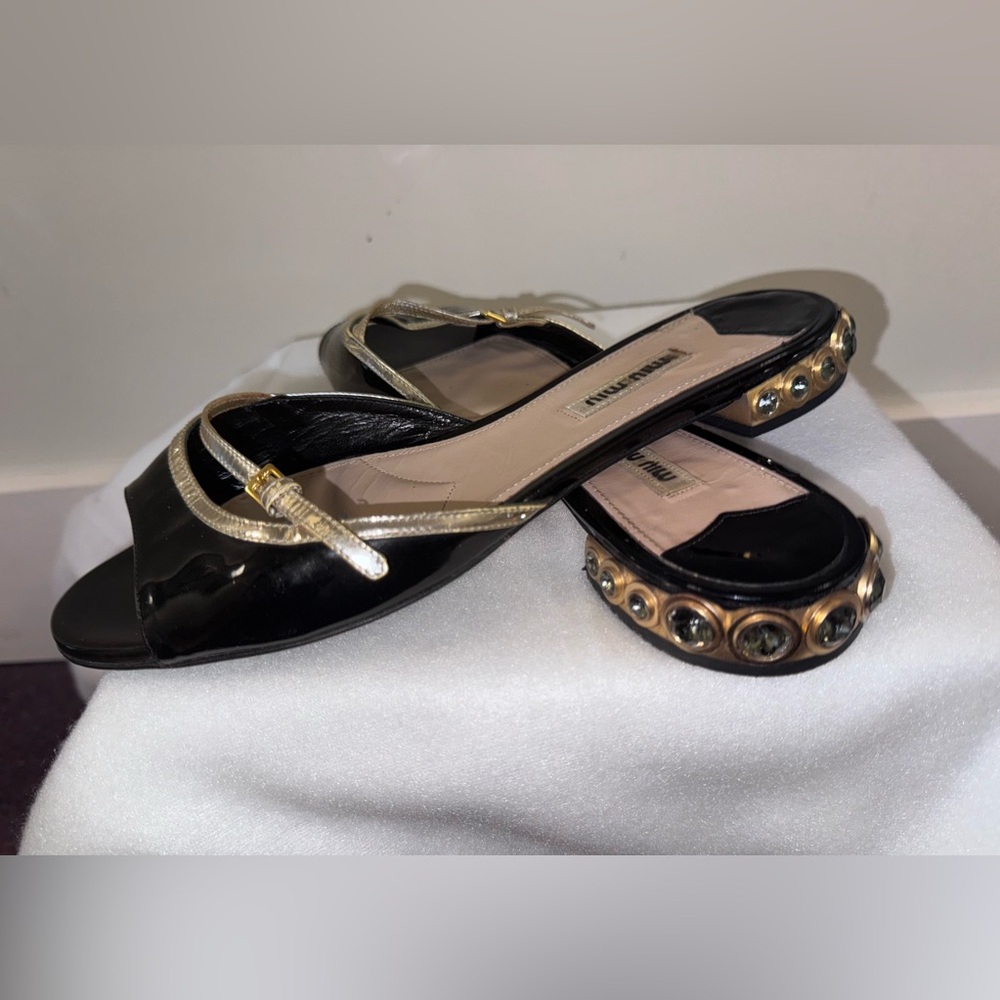 Miu Miu Black Flats with Crystal Heel Accents 37.5 7